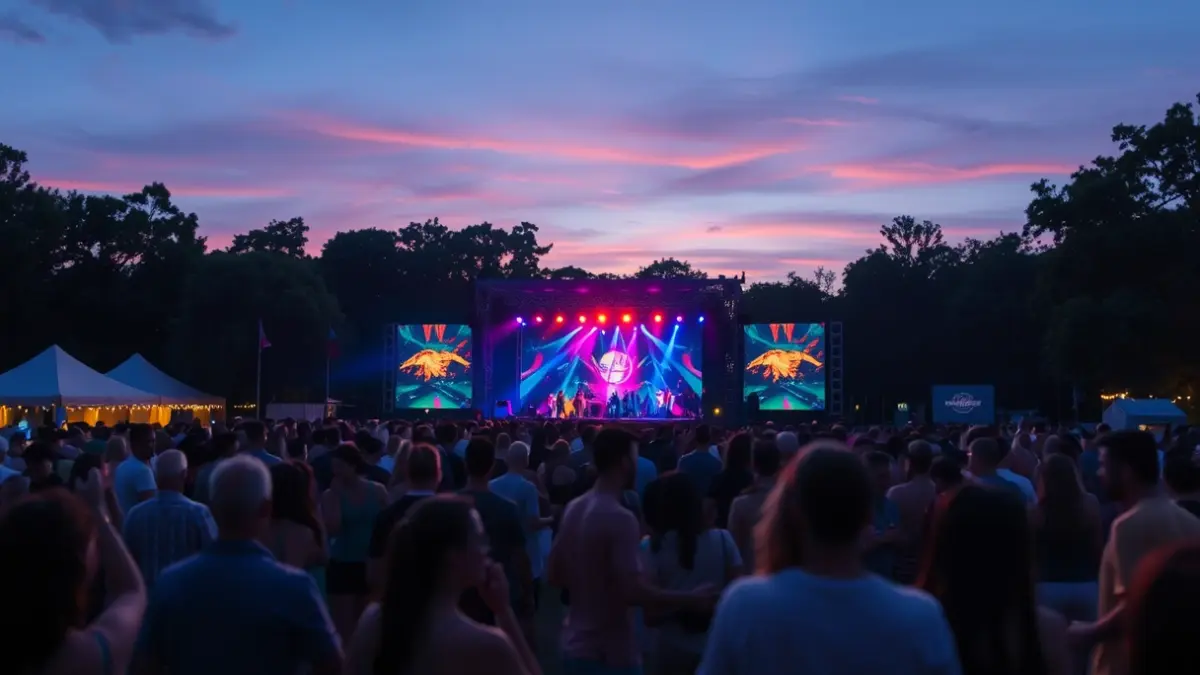Imatge genèrica d'un festival de música electrònica en un parc al capvespre, amb llums de colors i gent ballant.