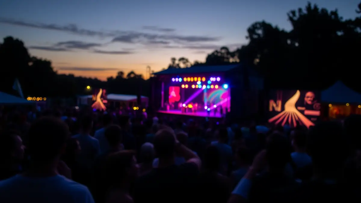 Imatge genèrica d'un festival de música electrònica a l'aire lliure, amb llums de colors i gent ballant.