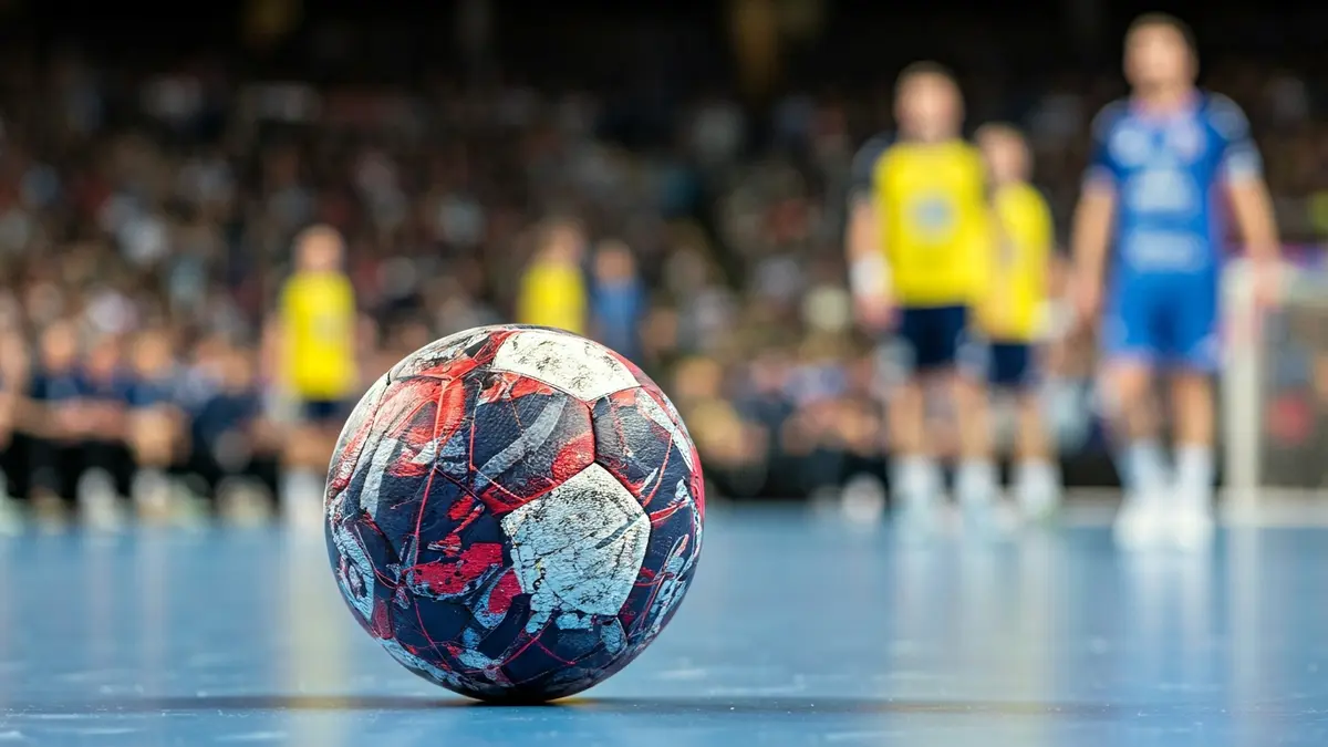 Imatge genèrica d'una pilota de handbol en la pista, amb jugadors desenfocats al fons.