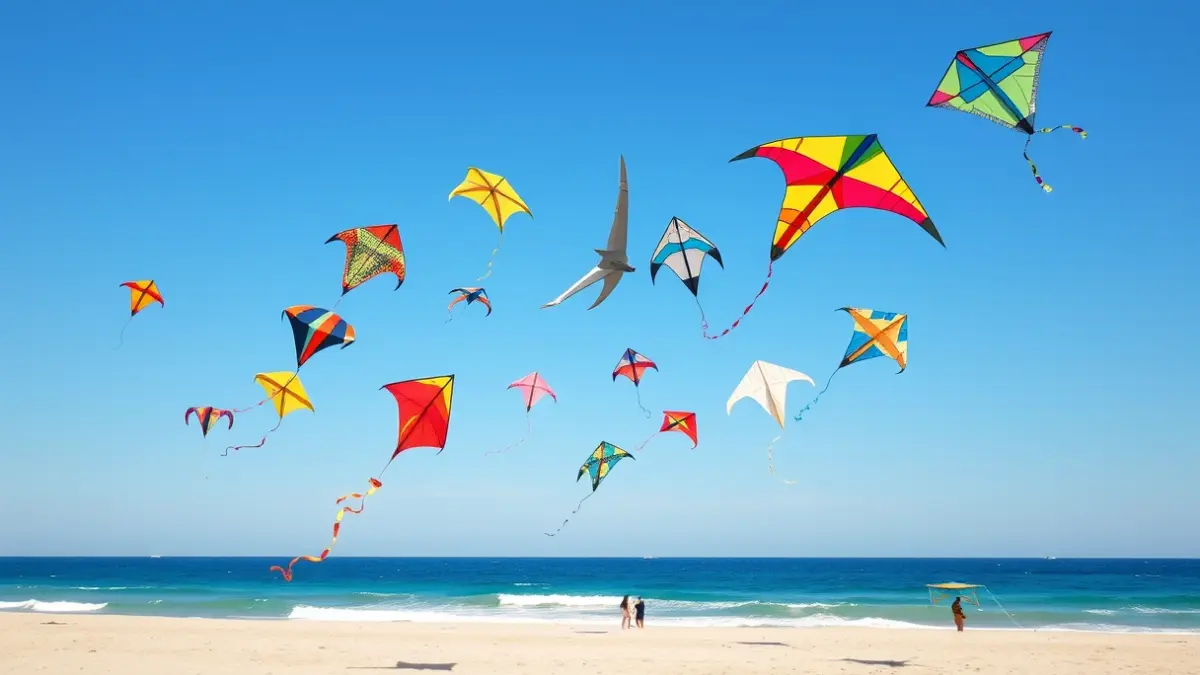 Generic image of colorful kites flying on a beach.