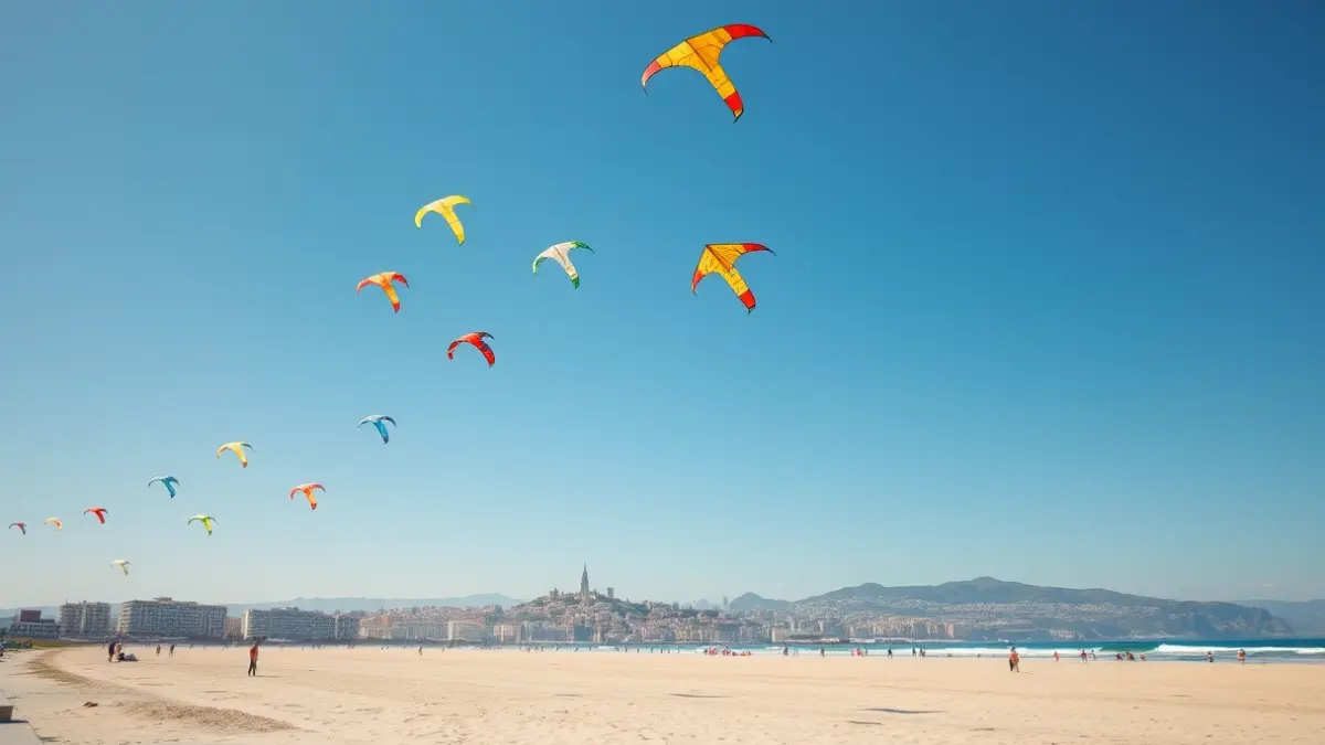 Generic image of colorful kites flying in a blue sky over a beach.