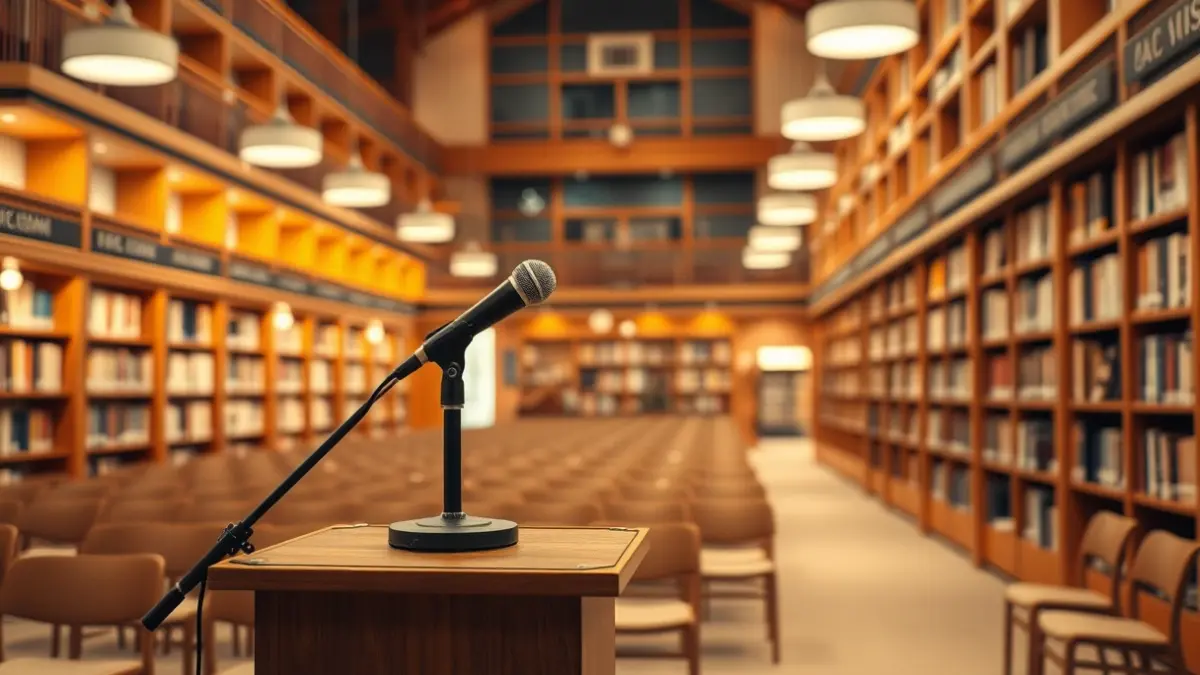 Imatge genèrica d'un interior de biblioteca amb un micròfon en un faristol, llum càlida i cadires buides, evocant un ambient cultural.