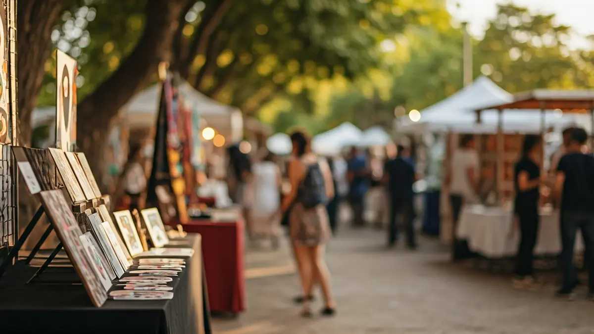Imagen genérica de un mercado de arte urbano en un parque, con puestos de artesanía y gente paseando.