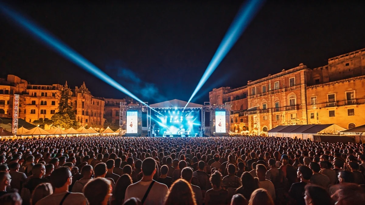 Imatge d'un festival de música amb multitud i llums d'escenari.