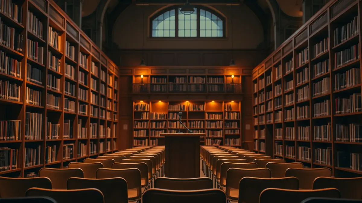 Imatge genèrica d'un interior de biblioteca amb prestatgeries de fusta i un micròfon en un podi.