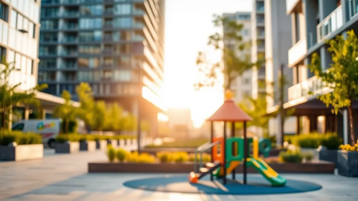 Image of a children's play area on a commercial park terrace, with warm afternoon light.