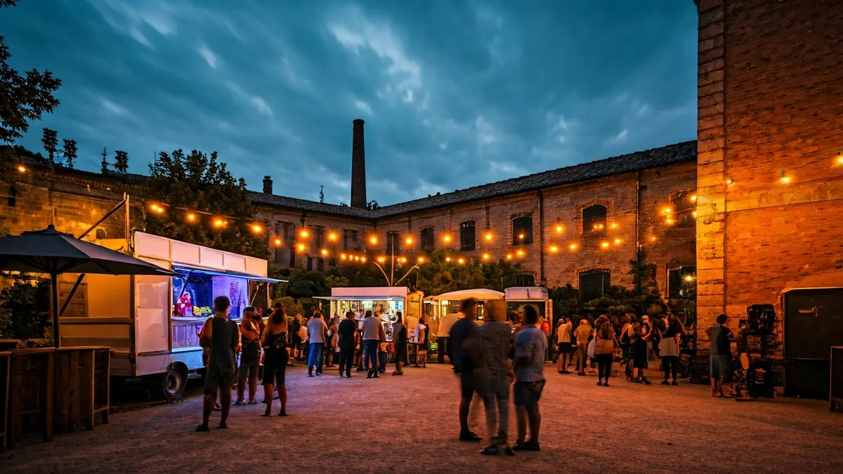 Image of an outdoor festival with music and food trucks in a historic garden
