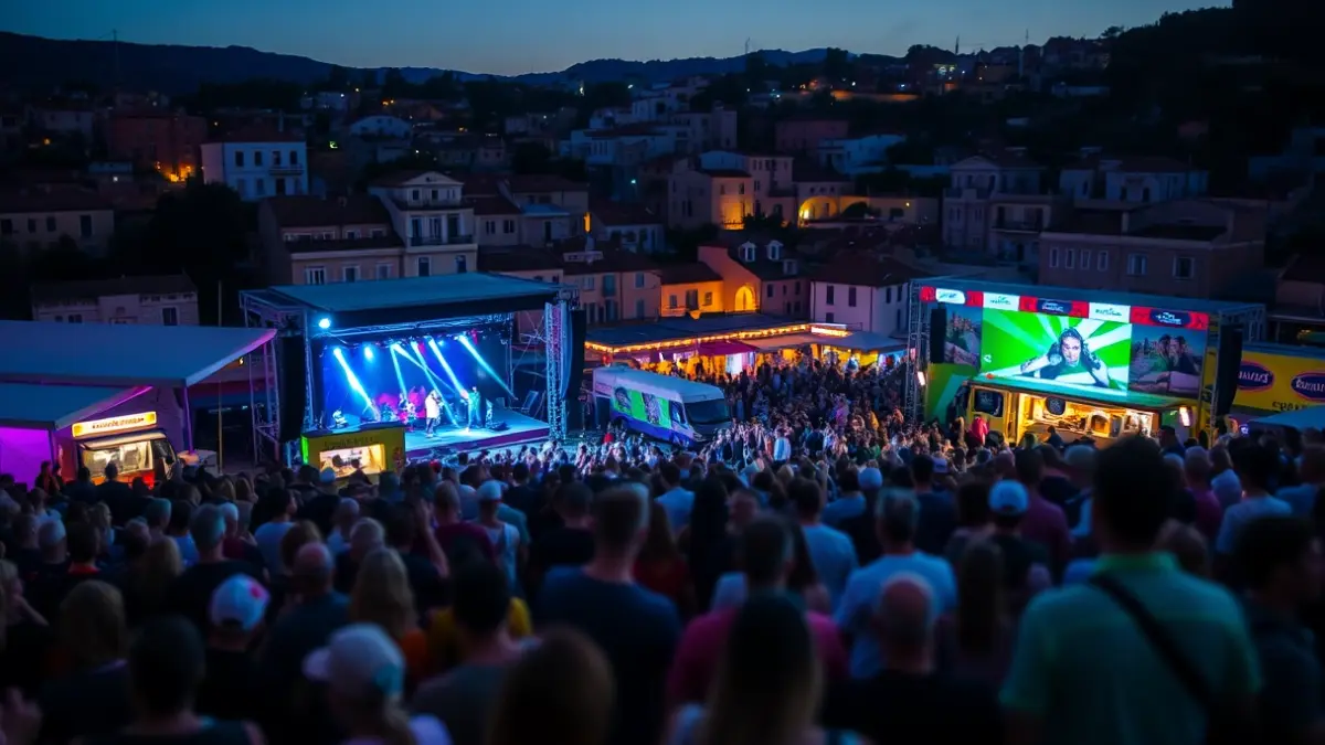Image of a music festival with two stages, people enjoying, and food trucks in a festive atmosphere.