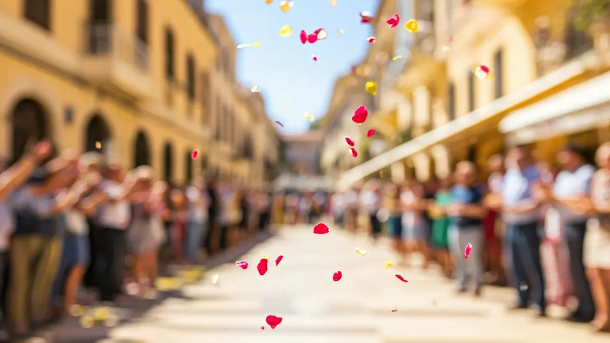 Image of a square full of people celebrating with confetti and petals in the air.