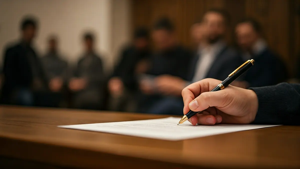 Imagen genérica de una mano firmando documentos oficiales, representando la gestión de fondos públicos.