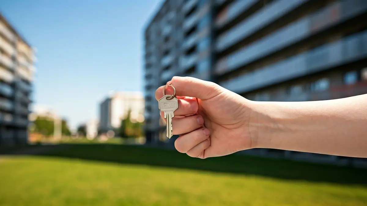 Generic image of a hand holding a house key with buildings in the background.