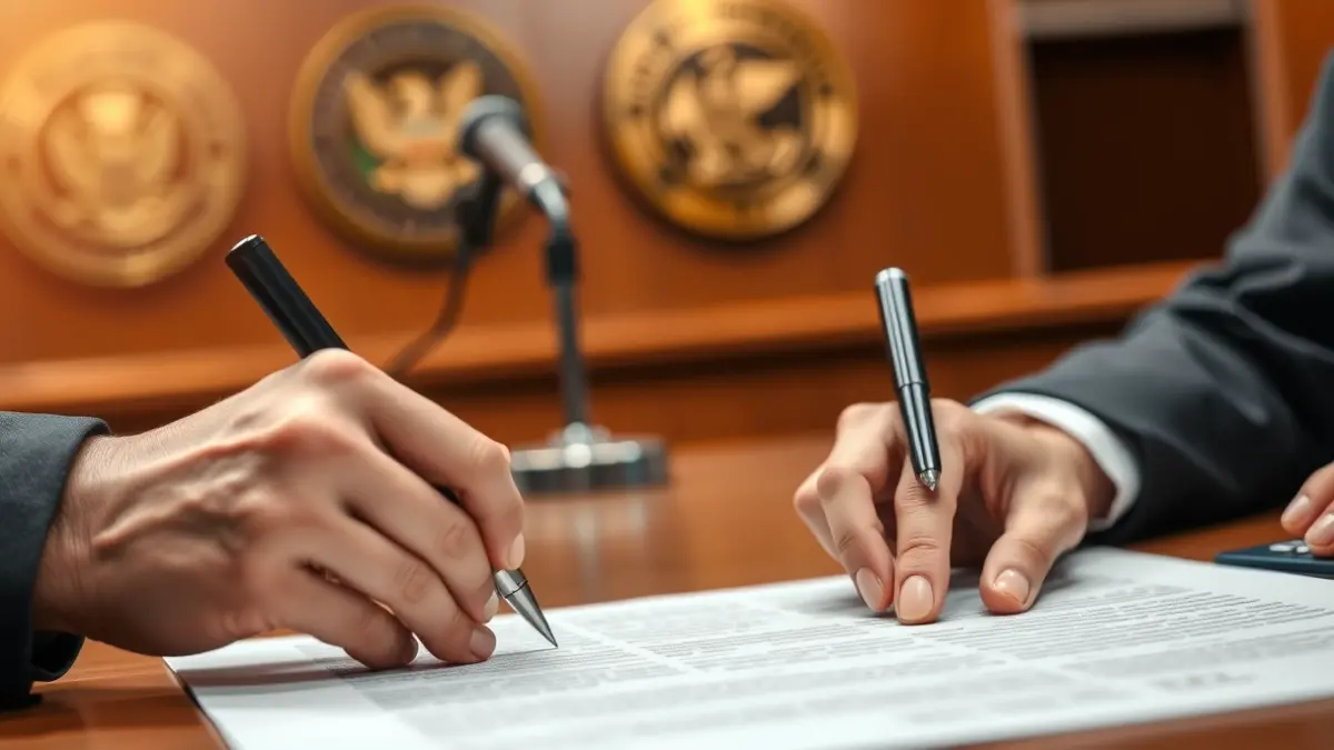 Generic image of hands signing an official document on a wooden desk.