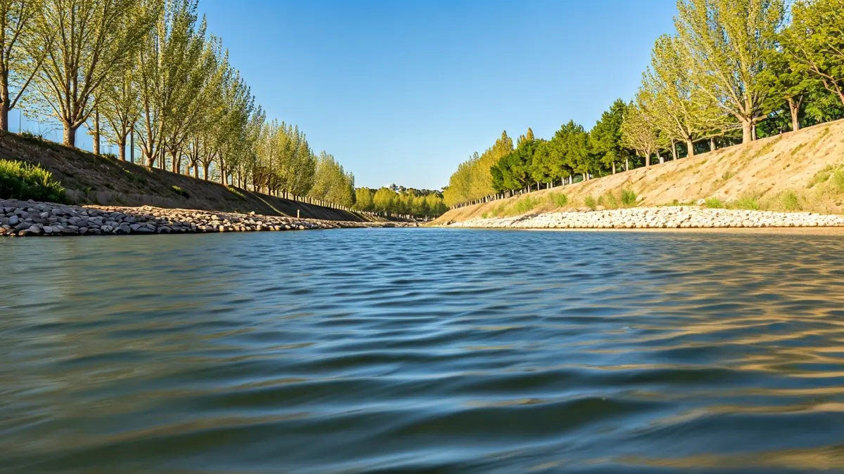 Imagen de un río con trabajos de restauración en sus orillas, bajo un cielo azul.