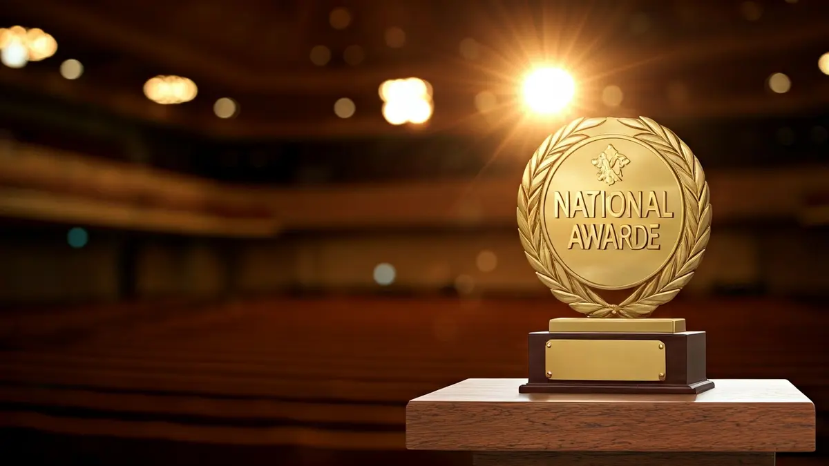Generic image of a national award trophy or plaque on a wooden podium, with a blurred background of an auditorium, symbolizing educational excellence.