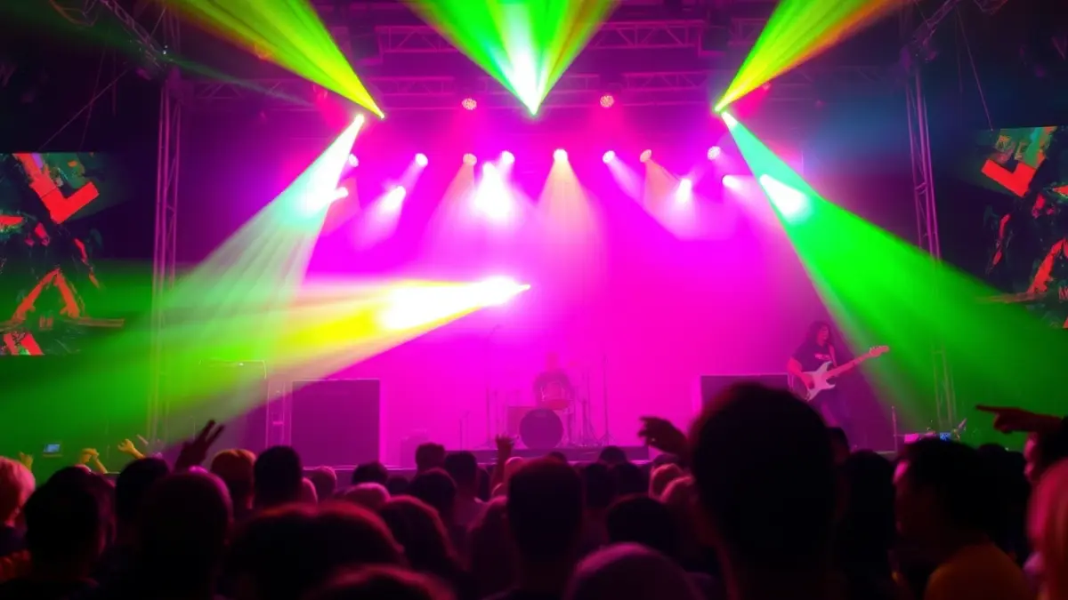 Imatge genèrica d'un concert de música pop amb llums de colors i instruments.
