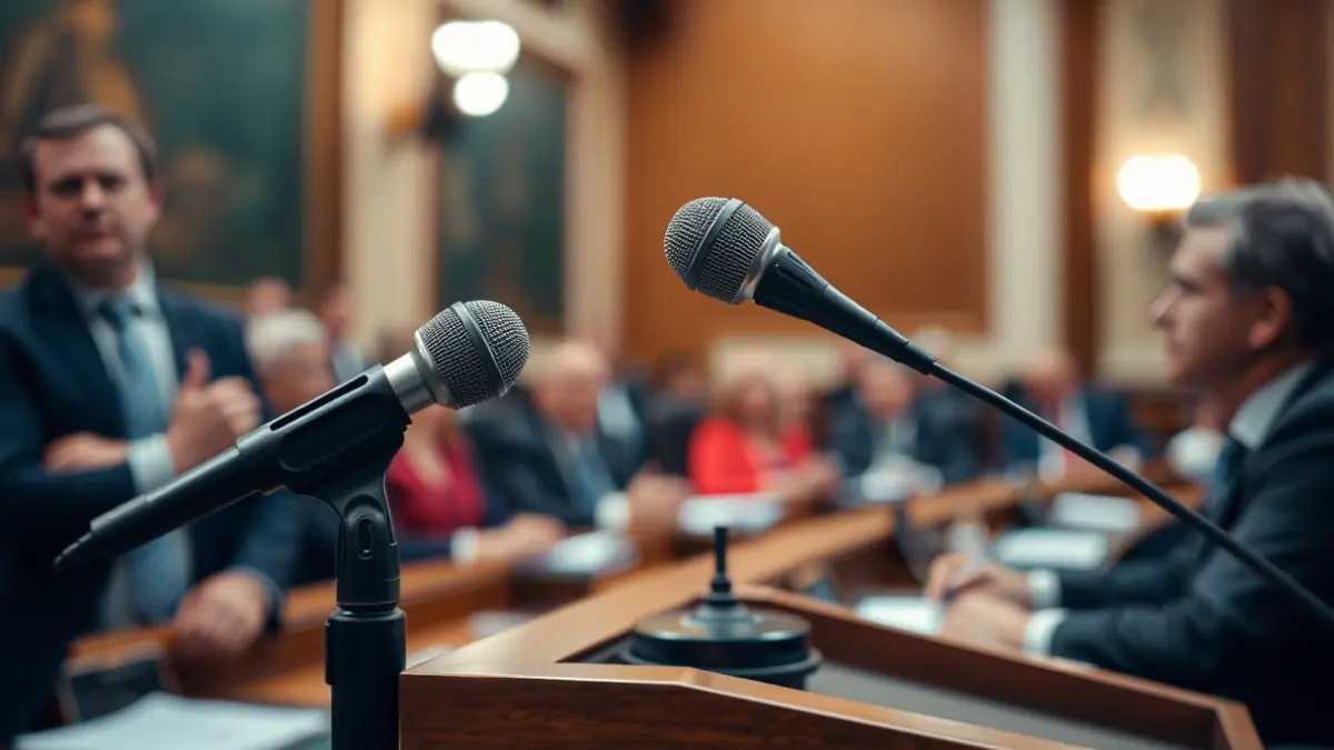 Generic image of a microphone on a podium during a political debate.