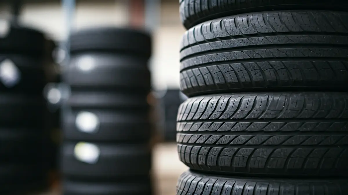 Generic image of new tires stacked in a warehouse.