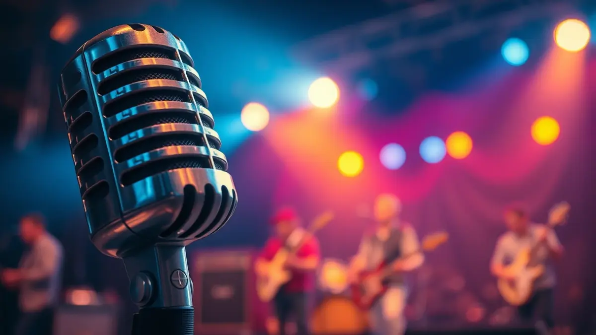 Imagen genérica de un micrófono en un escenario de concierto, con luces e instrumentos desenfocados al fondo.