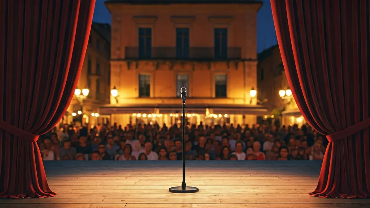 Imatge d'un escenari amb cortines i un micròfon en una plaça, amb públic difuminat.