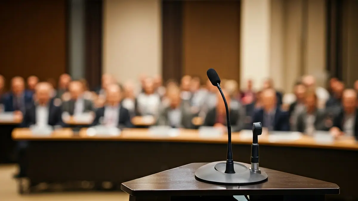 Imagen genérica de un micrófono en un foro municipal, con figuras borrosas al fondo.