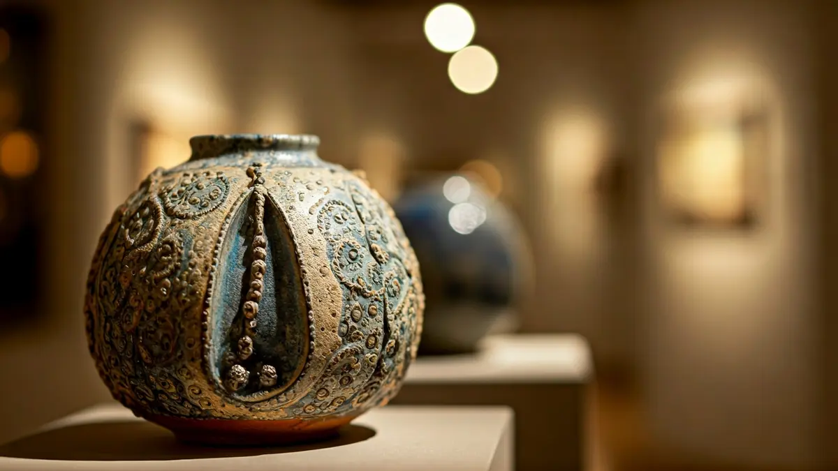 Image of an intricate ceramic art piece, displayed in a gallery.