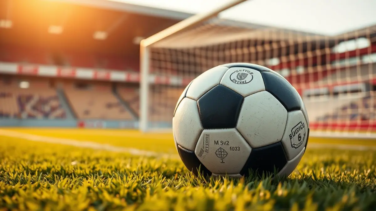 Imatge genèrica d'una pilota de futbol en la gespa d'un camp, amb la porteria desenfocada al fons.