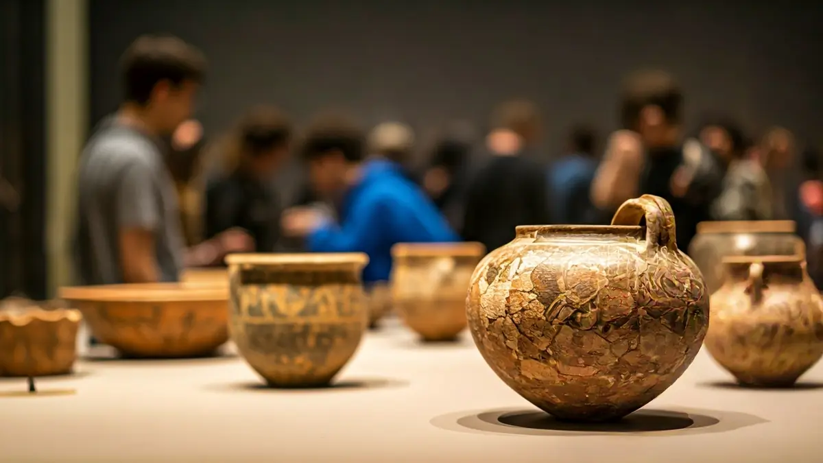 Imatge d'alumnes observant ceràmica antiga en un museu.