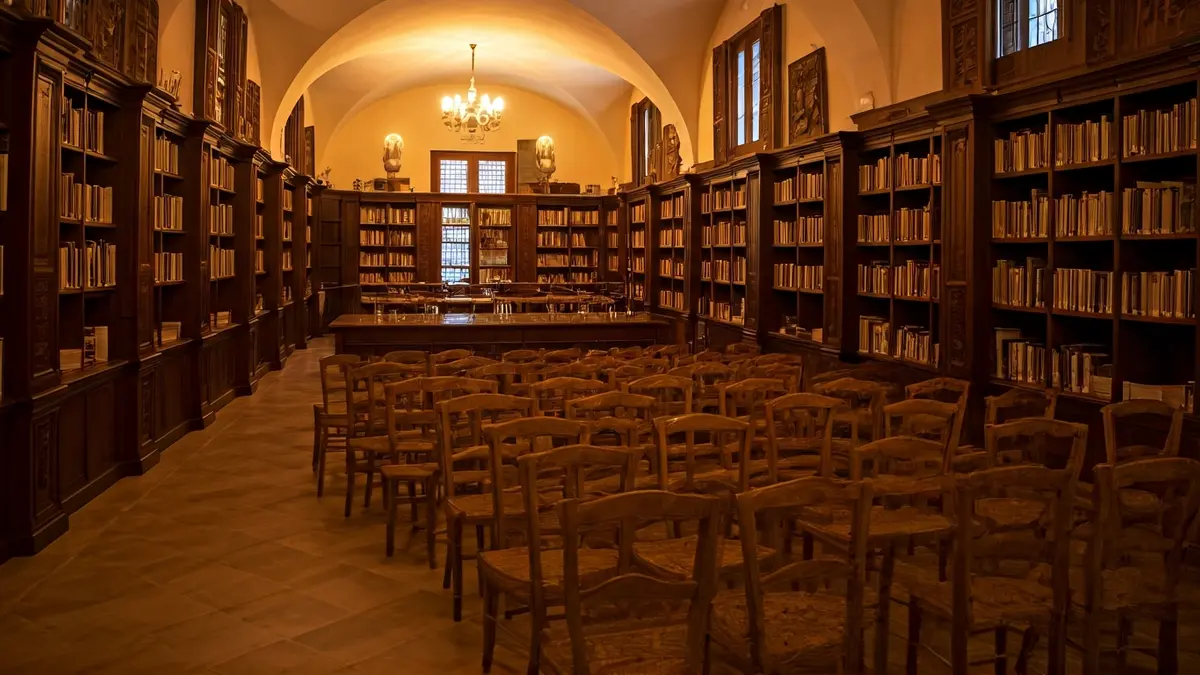 Imatge genèrica d'una sala de conferències o biblioteca amb un podi i cadires.