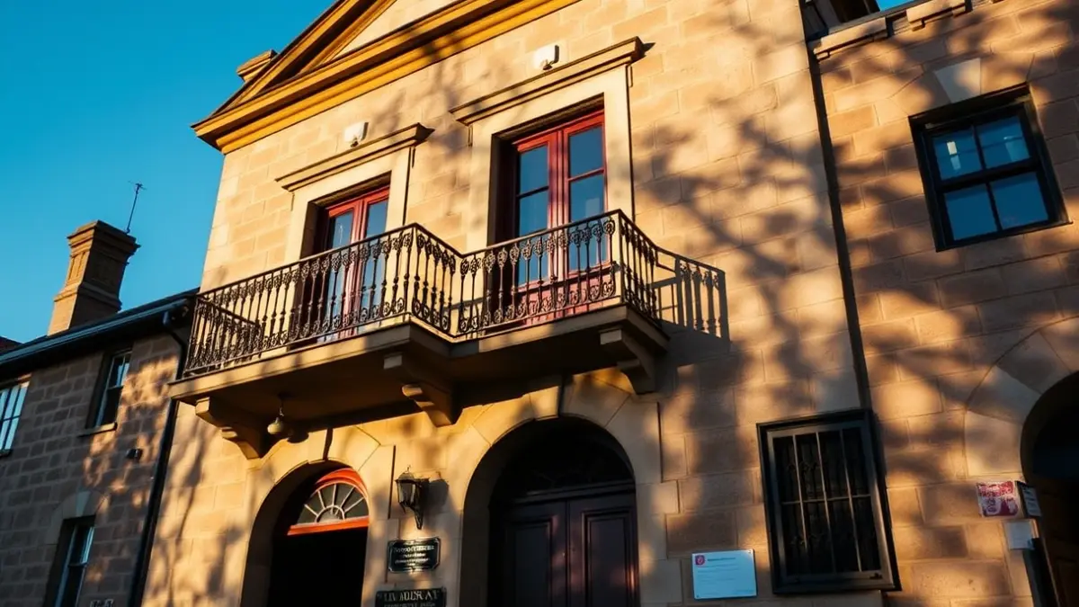 Stone town hall facade with ornate balcony and iron railings, with afternoon sunlight casting shadows on the sandstone walls, blue sky.