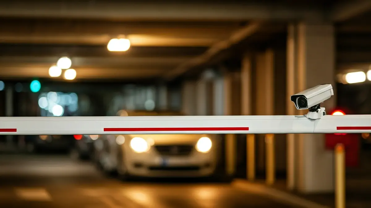 Generic image of a parking access barrier with license plate recognition camera.