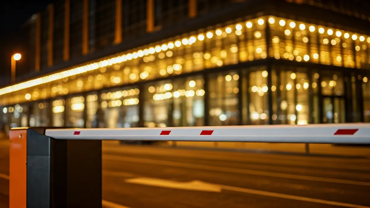 Image of an access barrier to an underground parking, with the Central Market of Valencia in the background.