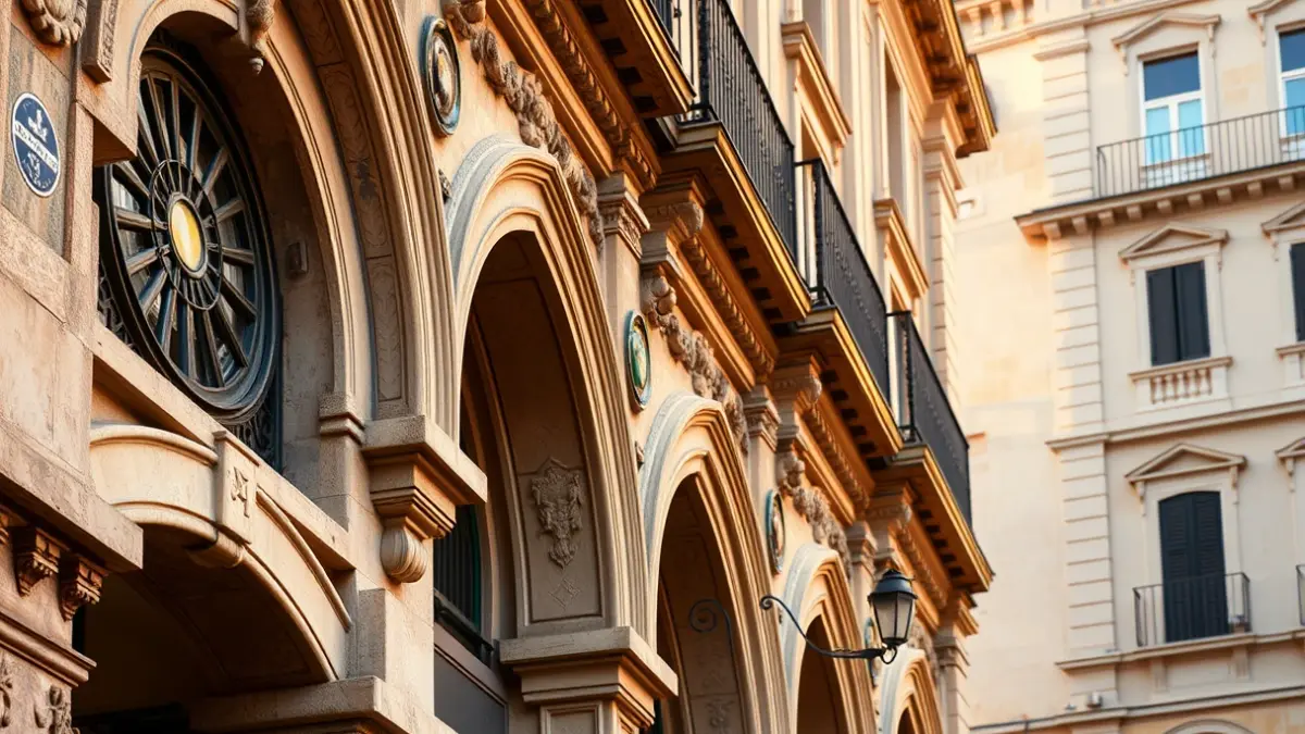 Imatge de la façana del Mercat Central de València, amb detalls de ceràmica i pedra sota la llum del sol.
