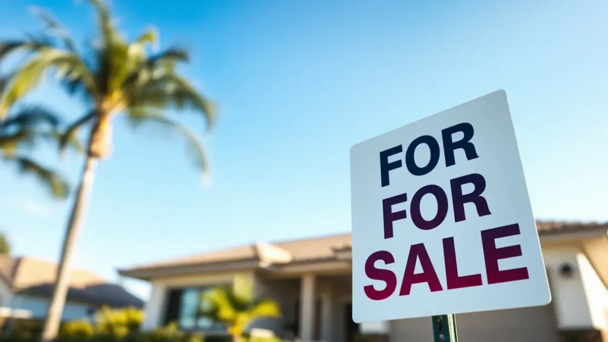 Imagen genérica de un cartel de 'Se vende' frente a una casa moderna en una zona mediterránea.