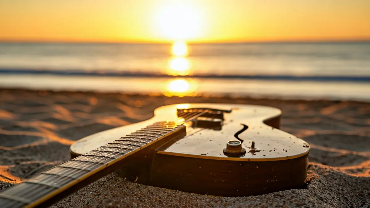 Imatge genèrica d'una guitarra de blues en una platja al capvespre, amb ones borroses al fons.