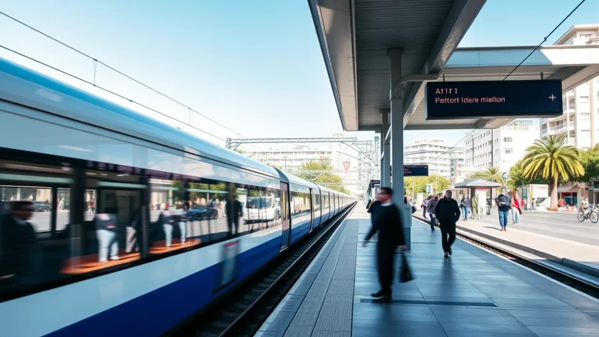 Generic image of a modern train station platform with a train arriving and blurred figures of people.