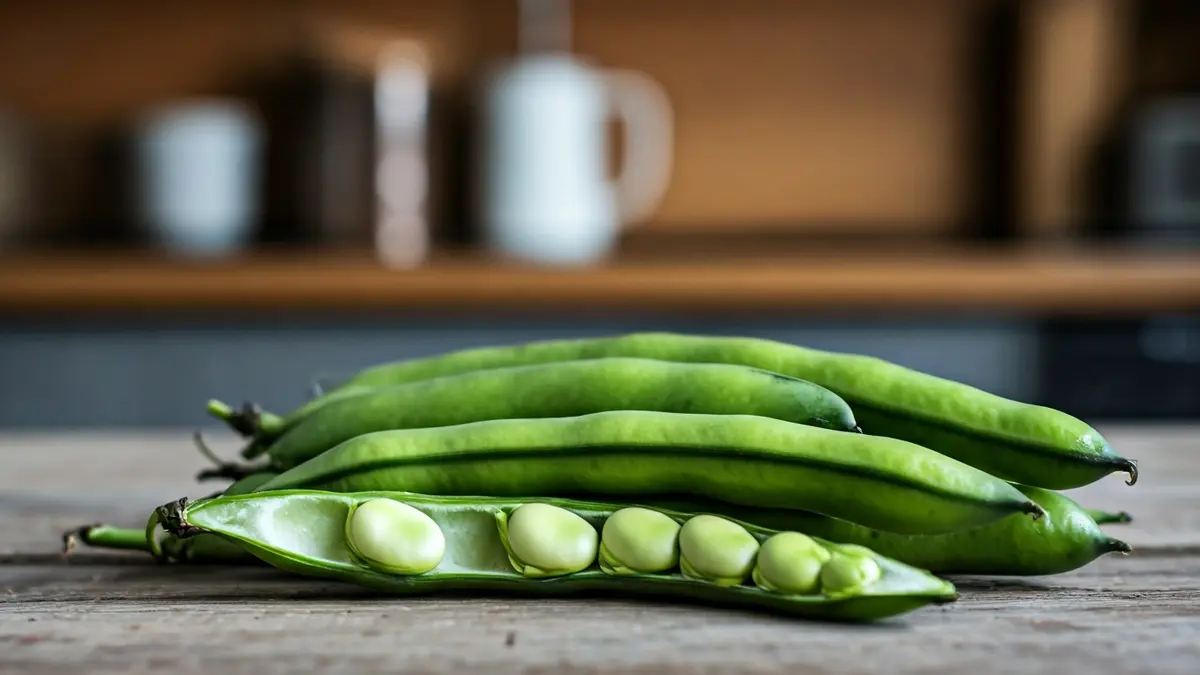 Imatge genèrica de faves fresques en les seues beines sobre una taula de fusta.