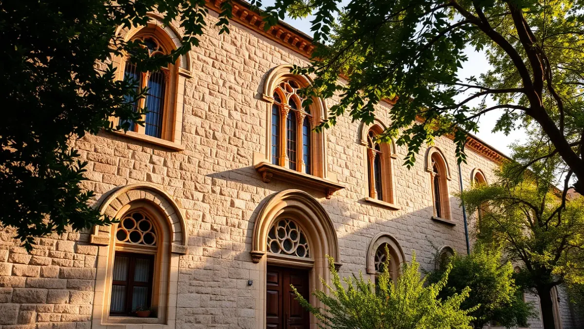 Façana del Reial Monestir de Santa Clara, amb la seua arquitectura històrica i detalls ornamentals, il·luminada pel sol de la vesprada.