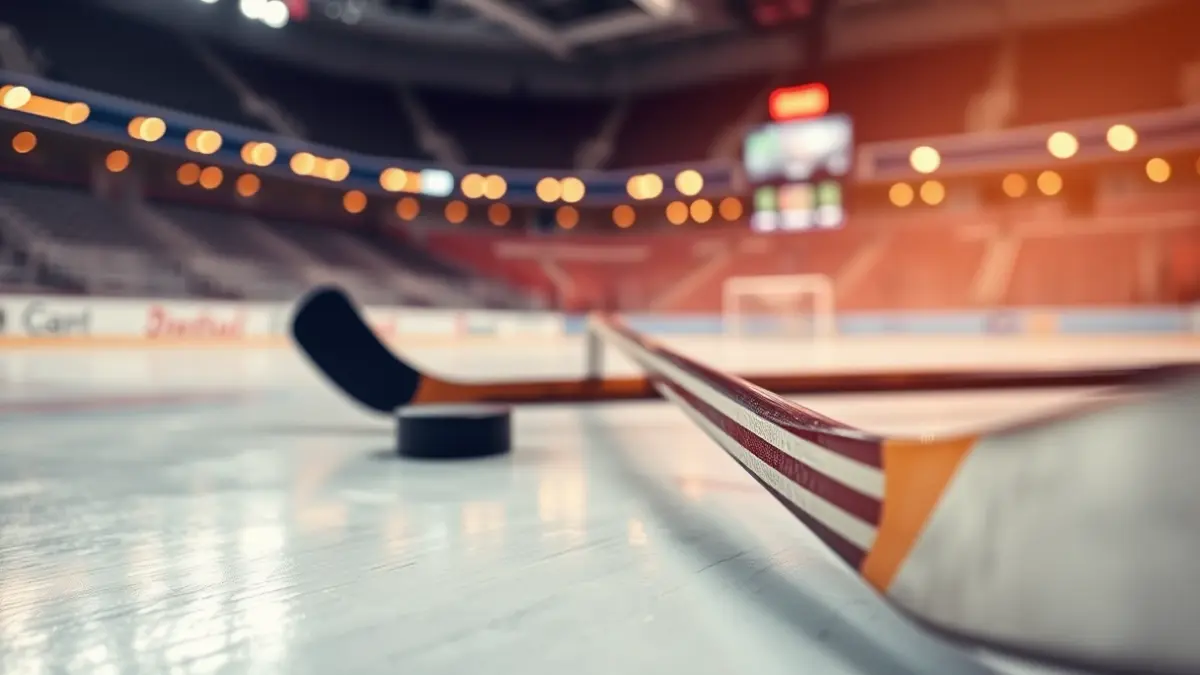 Imatge genèrica d'un estic d'hoquei i un disc sobre una pista de fusta.