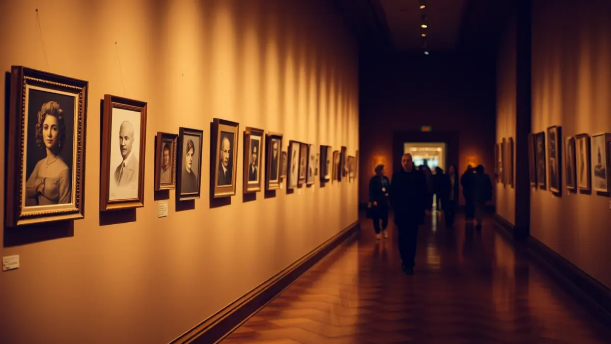Imagen de una sala de exposiciones con obras de arte, principalmente retratos, cálidamente iluminada.