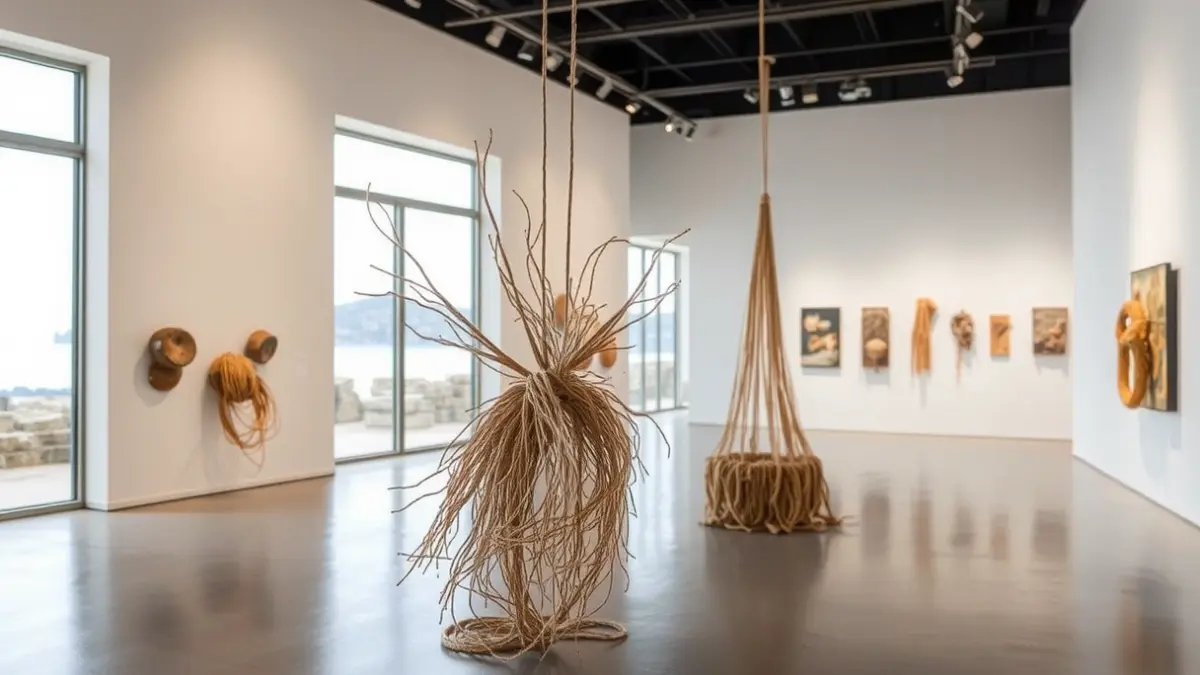 Imatge d'una sala d'exposicions en un museu amb obres d'art abstracte fetes amb fibres naturals i cordes marines.