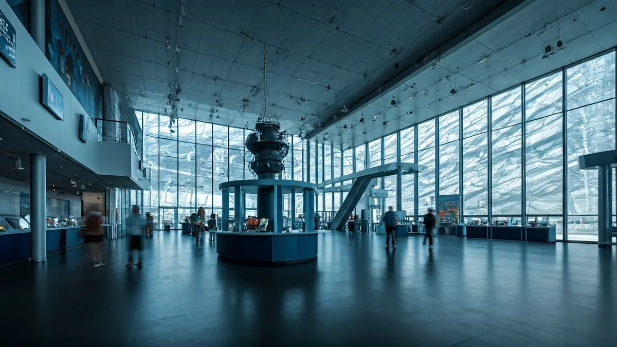 Generic image of a modern science museum interior with open spaces and interactive exhibits.