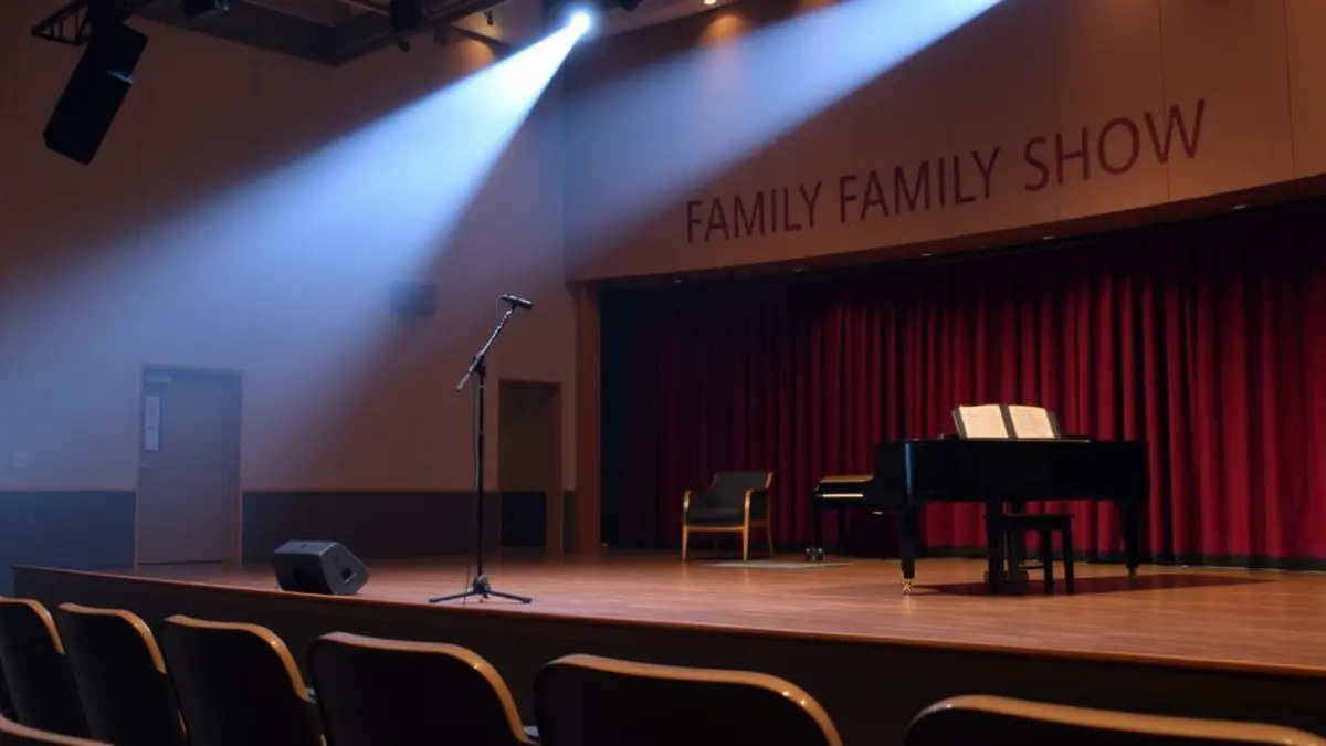 Generic image of a stage with a microphone and a piano, set for a musical in a cultural center.