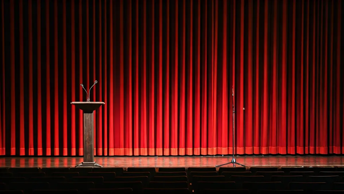 Imagen genérica de un escenario de teatro con cortinas de terciopelo rojo y un micrófono bajo un foco.