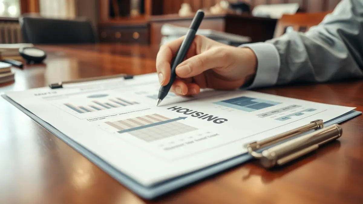 Imatge genèrica d'una mà assenyalant un document sobre plans de vivenda en una oficina governamental.
