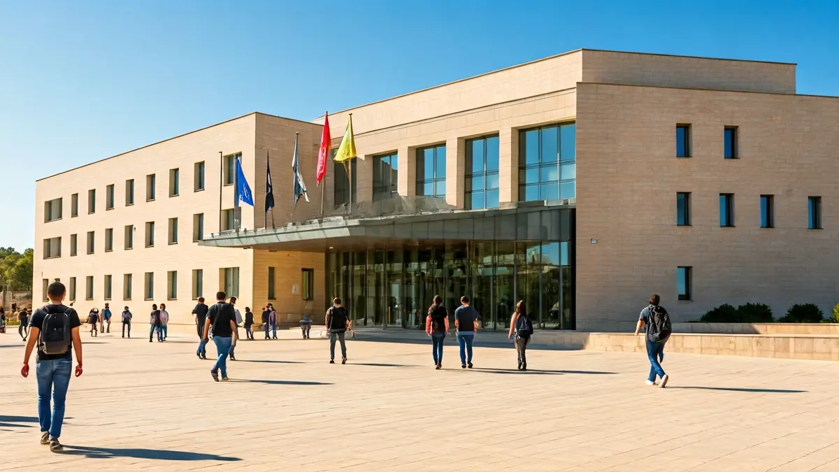 Image of a modern university building on a Mediterranean campus, with blurred students in the foreground.