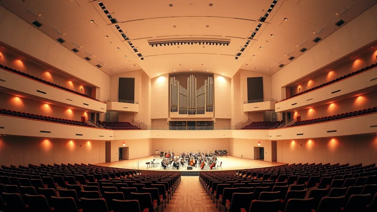 Image of a concert hall interior with a large organ, similar to the Sala Iturbi of the Palau de la Música in Valencia.