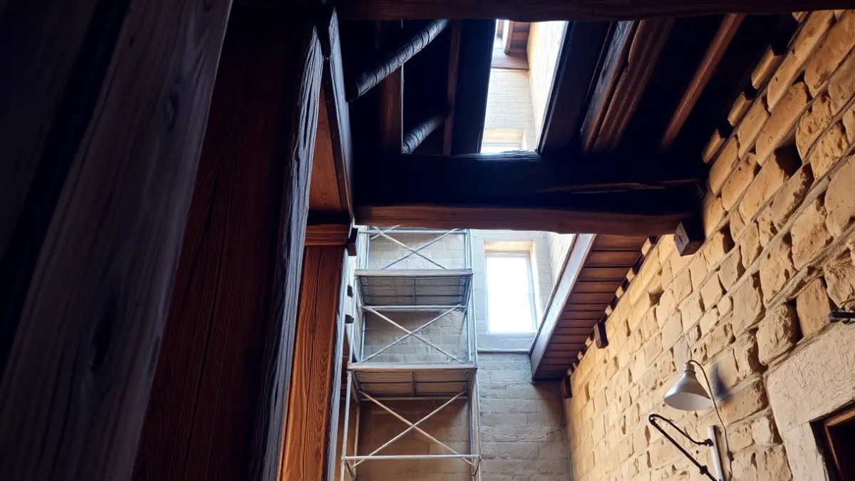 Imatge d'unes bigues de fusta i una paret de pedra en un edifici històric en rehabilitació.