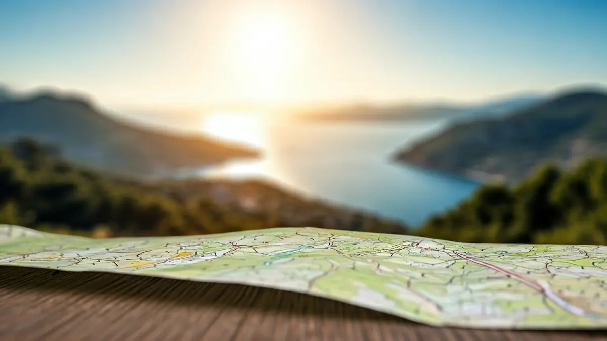 Generic image of a detailed map of a protected natural area with a Mediterranean landscape in the background.