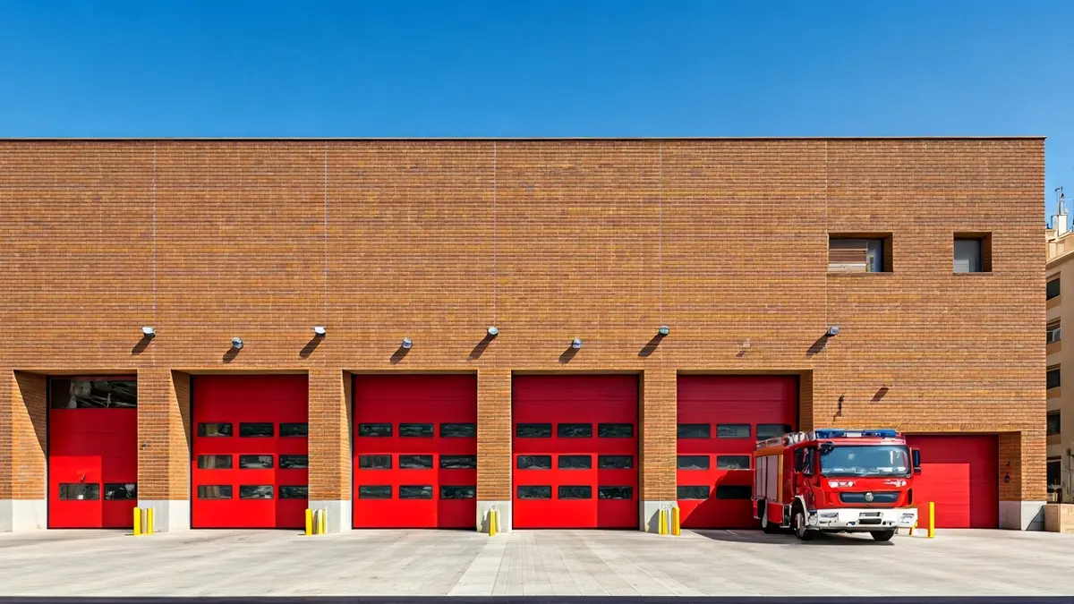 Imatge d'un parc de bombers modernitzat, amb grans portes per als vehicles d'emergència.