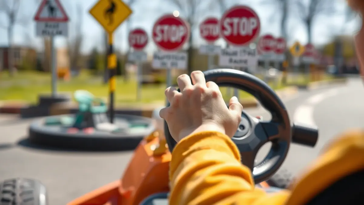 Generic image of a child driving an electric kart in a road safety park.